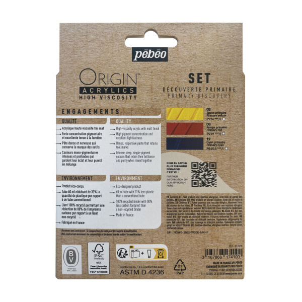 Peinture acrylique - Coffret 3 couleurs - Tubes 60ml - Haute viscosité - Pébéo - Origin acrylics