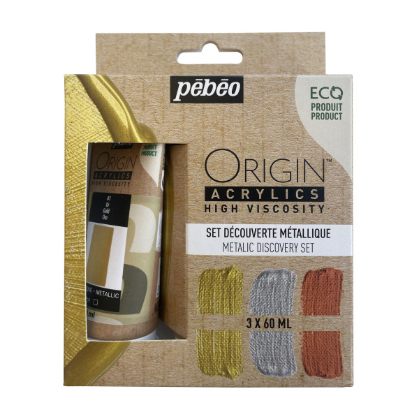 photo - Peinture acrylique - 3 couleurs métalliques - Tubes 60ml - Haute viscosité - Pébéo - Origin acrylics
