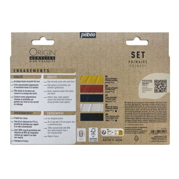 Peinture acrylique - Coffret 5 couleurs - Tubes 60ml - Haute viscosité - Pébéo - Origin acrylics