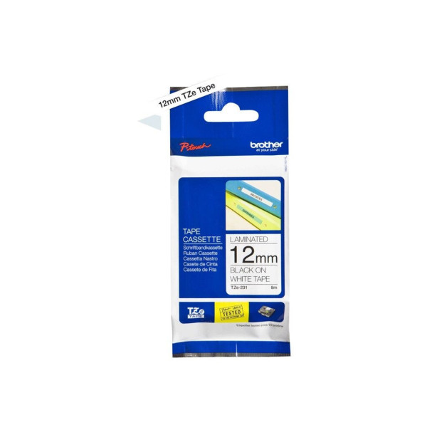 Ruban étiquettes auto-adhésives Brother TZe231 12mmx8mm fond blanc écriture noire