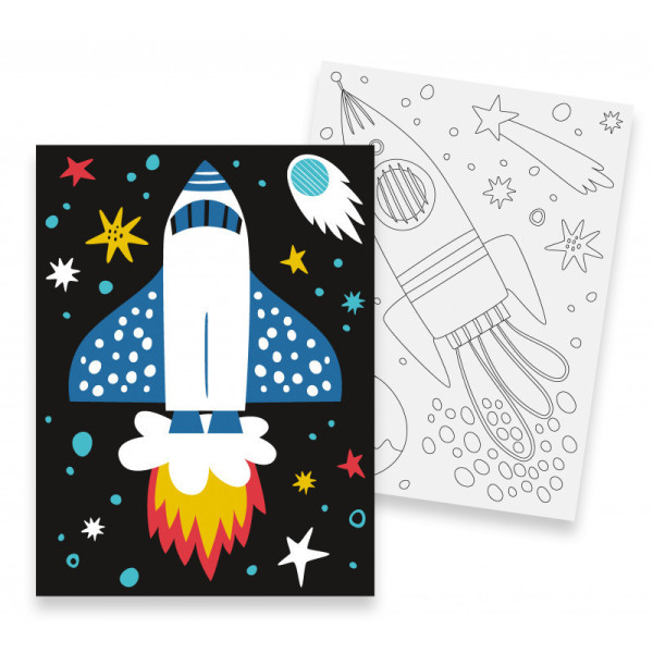 Peinture au numéro - Enfant - Fusée et étoiles - 2 toiles + peinture + pinceaux