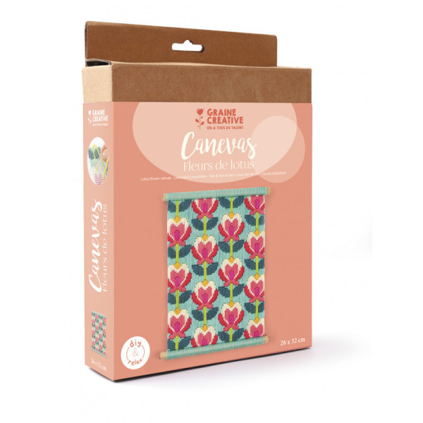 Kit broderie - Canevas - Fleurs de lotus - Toile + tourillons + aiguilles + fils - Graine créative