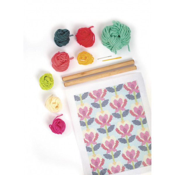 Kit broderie - Canevas - Fleurs de lotus - Toile + tourillons + aiguilles + fils - Graine créative