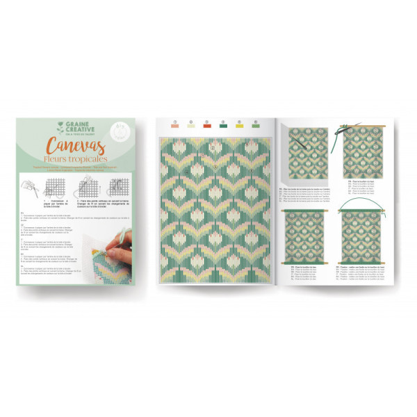 Kit broderie - Canevas - Fleurs tropicales - Toile + tourillons + aiguilles + fils - Graine créative