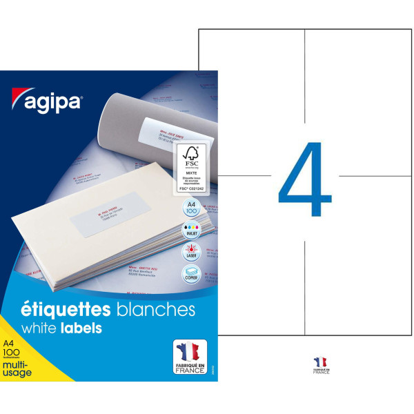 400 Étiquettes Blanches - A4 - 105X148,5Mm - Pose Express - Agipa 119014 | Artmania