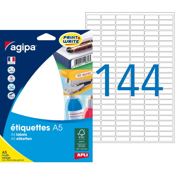 2304 étiquettes blanches 8X20Mm 144 étiquettes par planche A5 Apli 114017 | Artmania