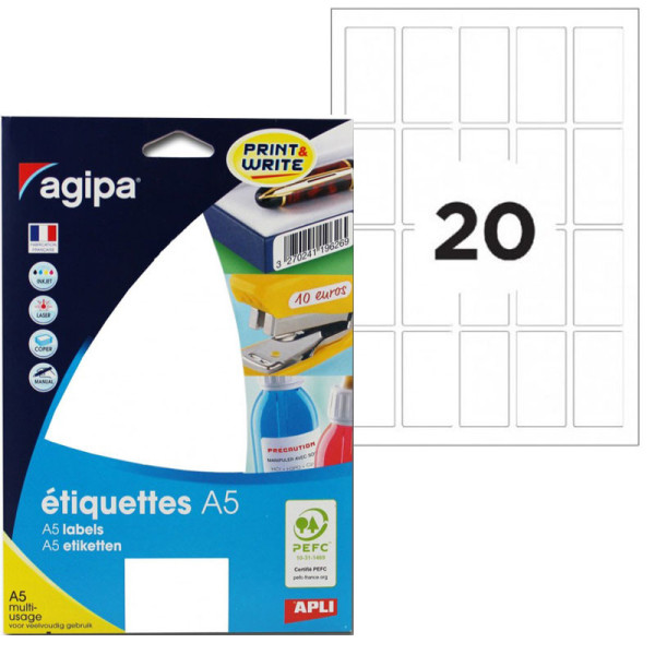 320 étiquettes blanches 48,5X25Mm 20 étiquettes par planche A5 Agipa 114014 | Artmania