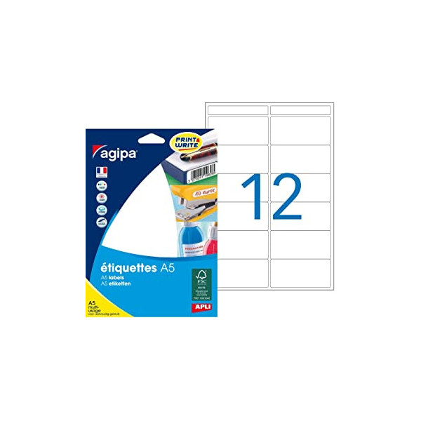 192 étiquettes blanches 32X70Mm 12 étiquettes par planche A5 Agipa 114019 | Artmania
