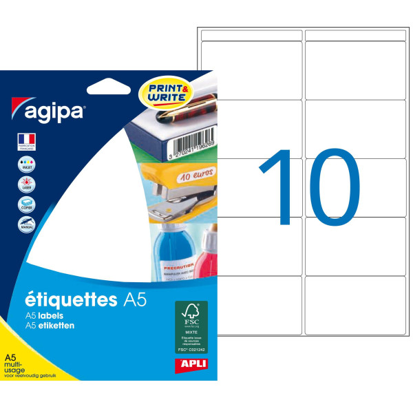 160 étiquettes blanches 38,5X65Mm 10 étiquettes par planches A5 Agipa 114019 | Artmania