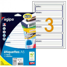 48 étiquettes Expéditeur/Destinataire 64X133Mm 3 étiquettes par planche A5 - Apli | Artmania