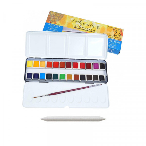 Boîte peinture Aquarelle Extra-Fine Sennelier 24 demi-godets avec pinceau et estompe