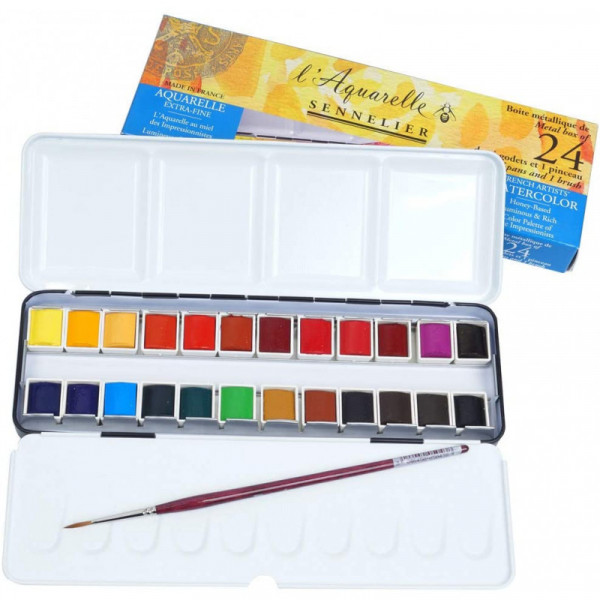 Boîte peinture Aquarelle Extra-Fine Sennelier 24 demi-godets avec pinceau et estompe