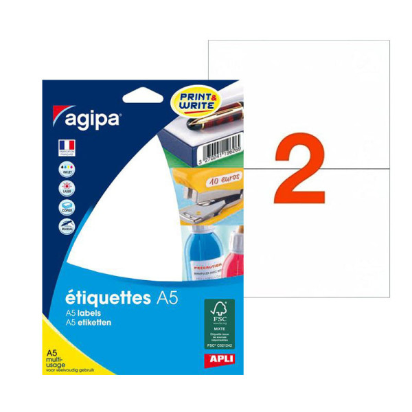 32 étiquettes blanches 105x148mm 2 étiquettes par planche A5 - Apli 114008