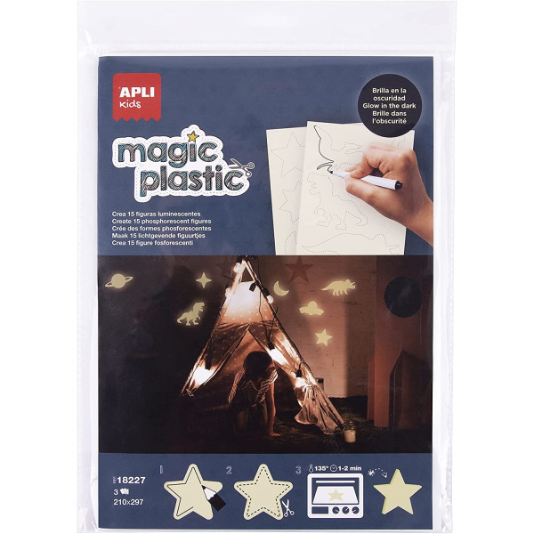 3 feuilles de plastique magique brillant phosphorescent A4 Apli Kids