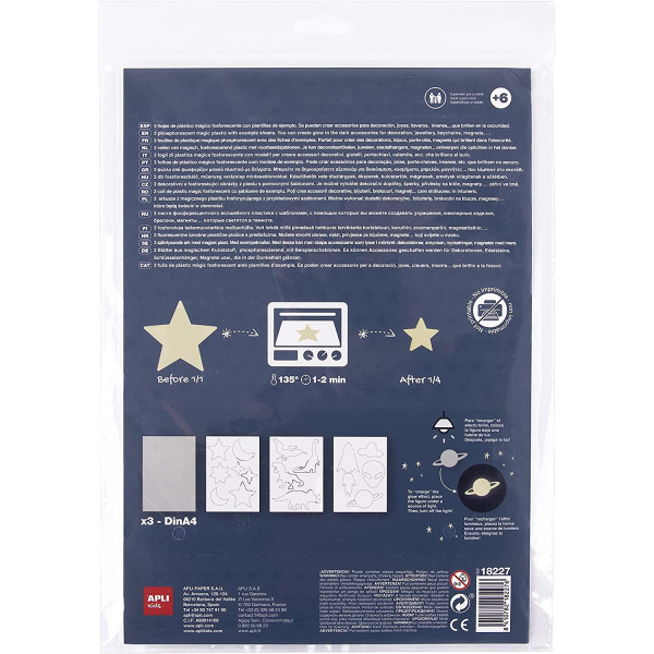 3 feuilles de plastique magique brillant phosphorescent A4 Apli Kids