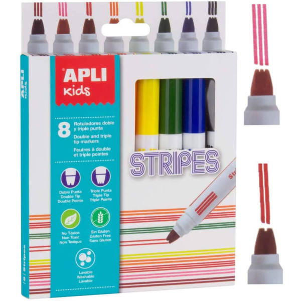 Feutres de coloriage - Double et triple pointes - 8 couleurs - Apli Kids
