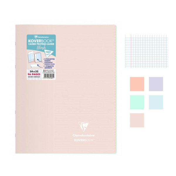 Lot de 5 cahiers - 24x32(cm) - Grands carreaux - 96 pages - couverture en polypro - sans spirale - Clairefontaine - Koverbook