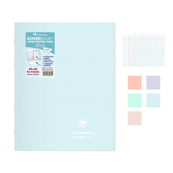 Lot de 5 cahiers - 24x32(cm) - Grands carreaux - 96 pages - couverture en polypro - sans spirale - Clairefontaine - Koverbook