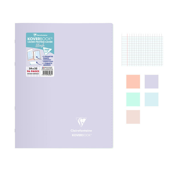 Lot de 5 cahiers - 24x32(cm) - Grands carreaux - 96 pages - couverture en polypro - sans spirale - Clairefontaine - Koverbook
