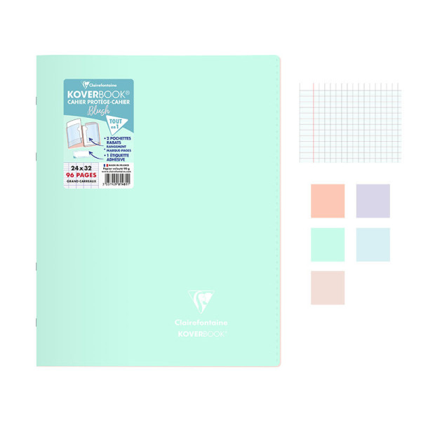 Lot de 5 cahiers - 24x32(cm) - Grands carreaux - 96 pages - couverture en polypro - sans spirale - Clairefontaine - Koverbook