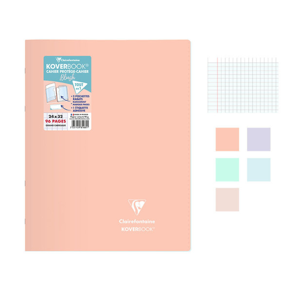 Lot de 5 cahiers - 24x32(cm) - Grands carreaux - 96 pages - couverture en polypro - sans spirale - Clairefontaine - Koverbook