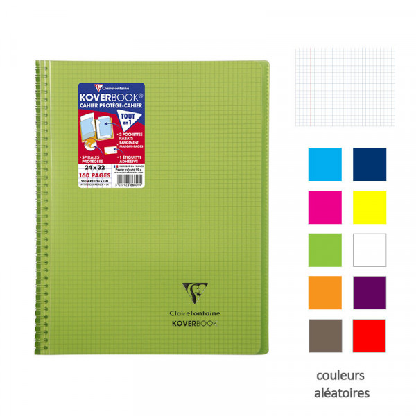 Cahier - 24x32(cm) - Petits carreaux - 160 pages - couverture en polypro - à spirale - Clairefontaine - Koverbook