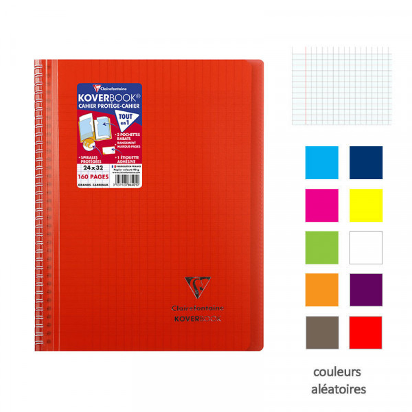 Cahier - 24x32(cm) - Grands carreaux - 160 pages - couverture en polypro - à spirale - Clairefontaine - Koverbook