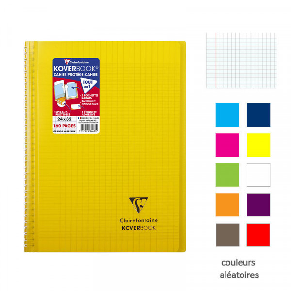 Cahier - 24x32(cm) - Grands carreaux - 160 pages - couverture en polypro - à spirale - Clairefontaine - Koverbook