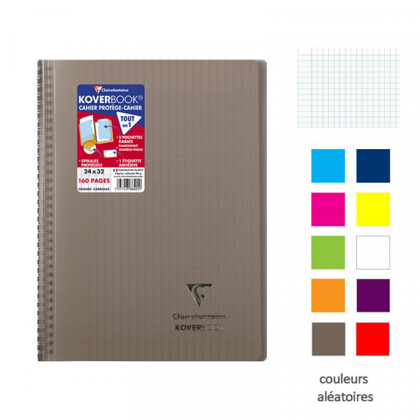 Cahier - 24x32(cm) - Grands carreaux - 160 pages - couverture en polypro - à spirale - Clairefontaine - Koverbook
