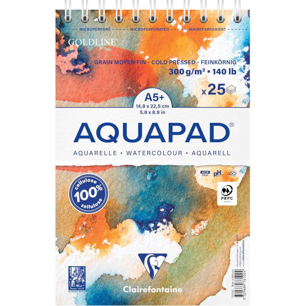 photo - Bloc - Aquarelle - A5+ - Grain moyen fin - Spirales - 25 feuilles - 300g - Clairefontaine - Aquapad
