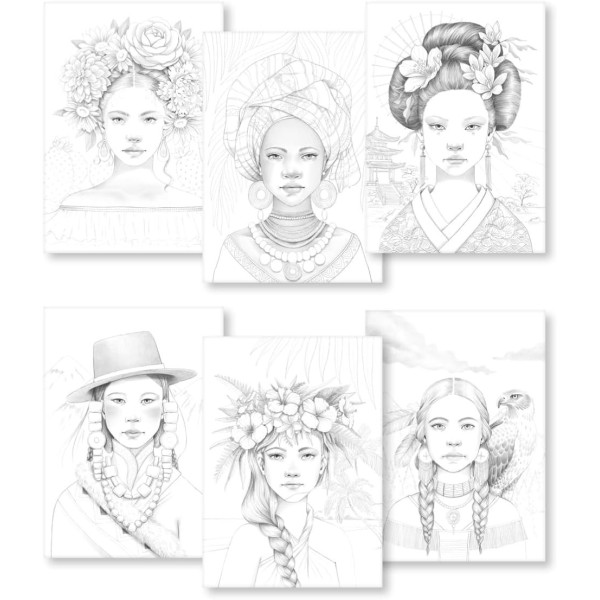 Bloc - Coloriages - Adulte - Portraits de femmes - A4 - 20 feuilles - 6 illustrations - Clairefontaine