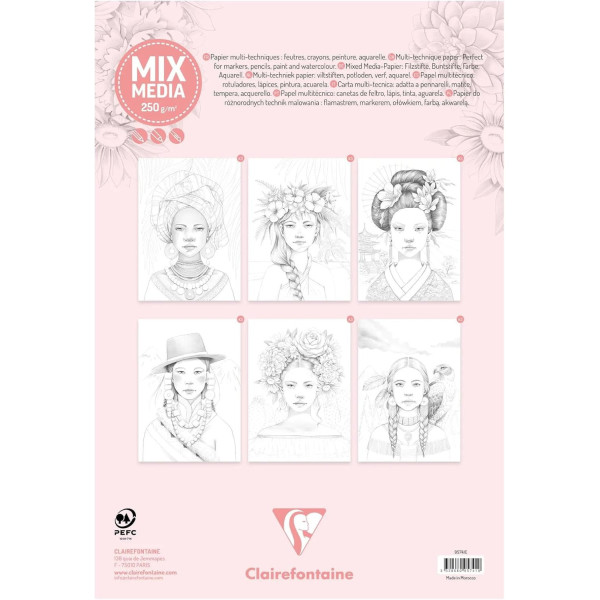 Bloc - Coloriages - Adulte - Portraits de femmes - A4 - 20 feuilles - 6 illustrations - Clairefontaine