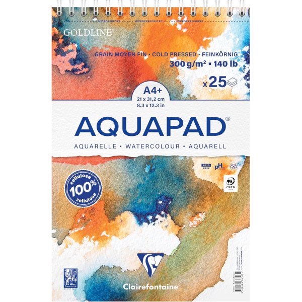 photo - Bloc - Aquarelle - A4+ - Grain moyen fin - Spirales - 25 feuilles - 300g - Clairefontaine - Aquapad