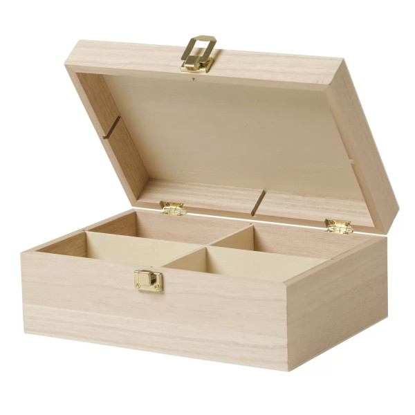 Boîte pour sachets de thé - 4 compartiments - Bois - A décorer - 20x14cm