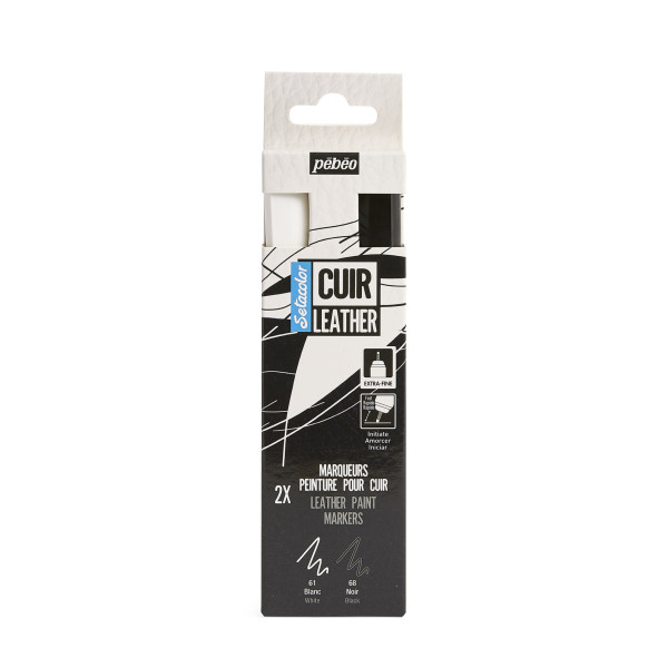 photo - 2 marqueurs - Noir et blanc - Pour cuir et simili - Setacolor Cuir - Pointe extra-fine
