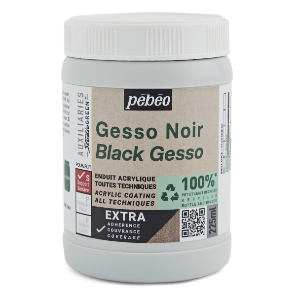 photo - Gesso - Noir - Apprêt - Mate - Toutes techniques - Extra couvrant - Pébéo - 225ml