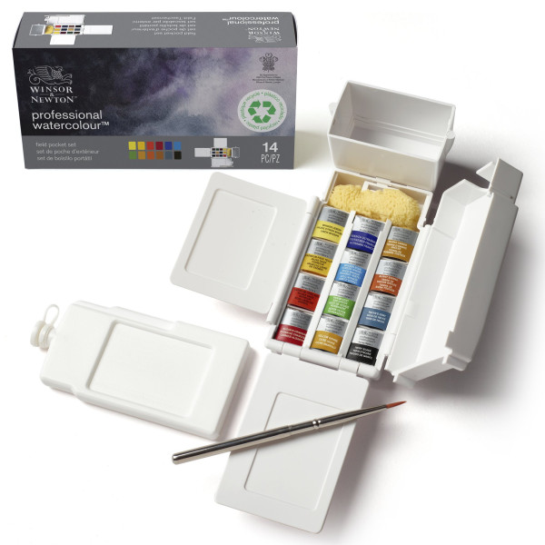 photo - Peinture aquarelle - Boite de voyage - 12 demi-godets - Winsor et Newton - Avec accessoires