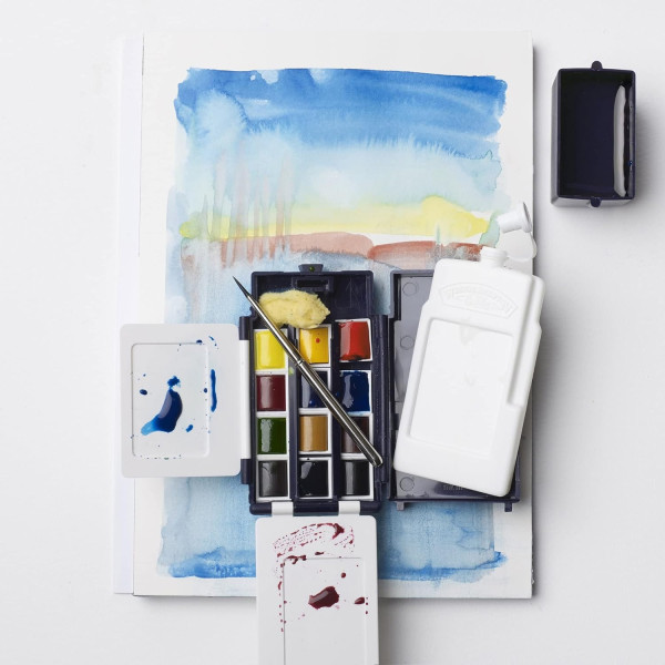 Peinture aquarelle - Boite de voyage - 12 demi-godets - Winsor et Newton - Avec accessoires