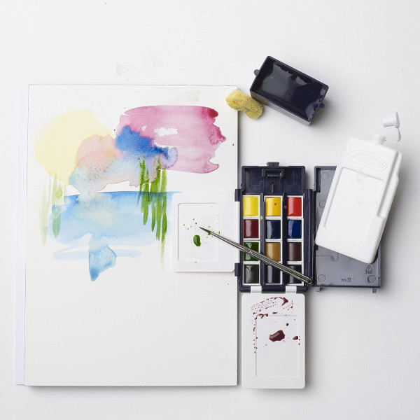 Peinture aquarelle - Boite de voyage - 12 demi-godets - Winsor et Newton - Avec accessoires
