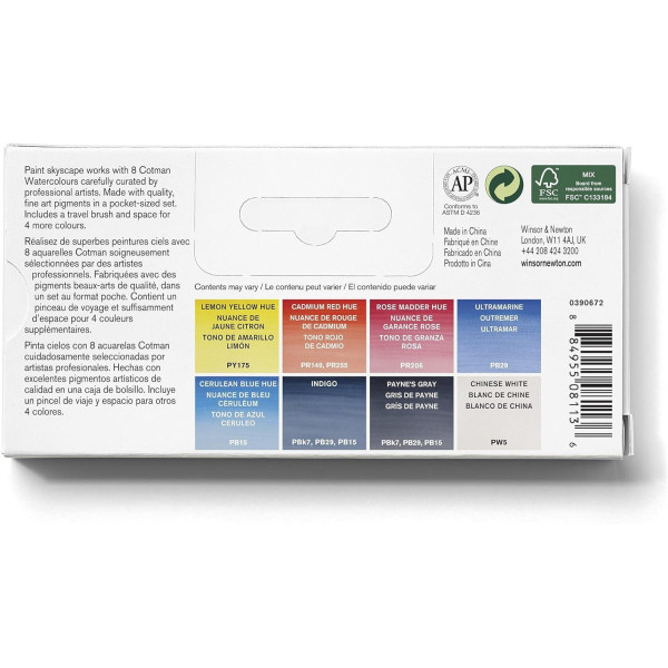 Peinture aquarelle - Boite de poche - 8 demi-godets - Winsor et Newton - Ciel
