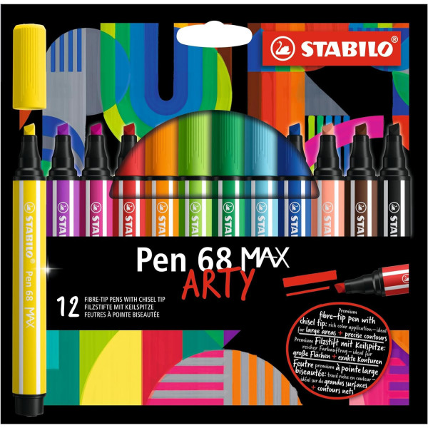 photo - Feutres de dessin - Stabilo - Pen 68 Max - Pointe large - 12 couleurs - Gamme Arty