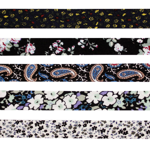 photo- Biais en coton - Finition pour couture - 1cm x 1m - Fleurs noir et blanc - 5 pièces
