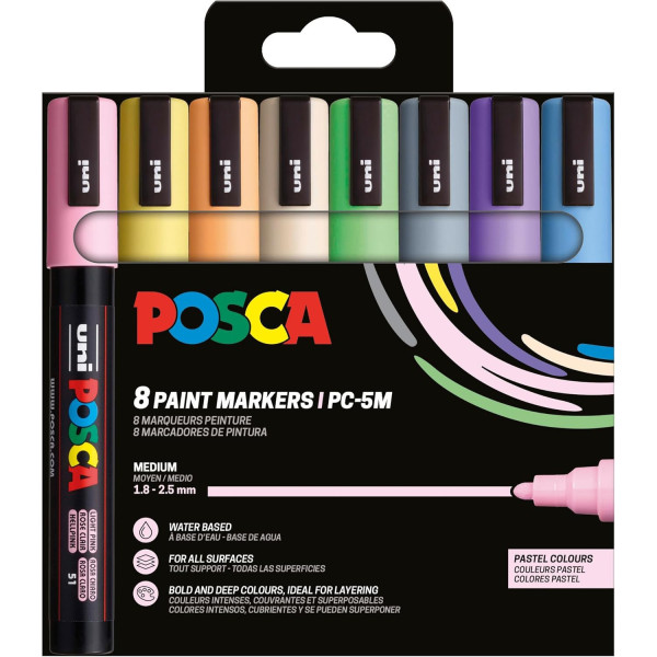 photo - Pochette 8 marqueurs POSCA - PC5M - Couleurs pastel - Pointe moyenne