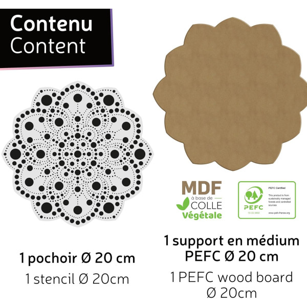 Pochoir - Pour dot painting - Mandala - 20cm - Forme en bois + support - Aladine
