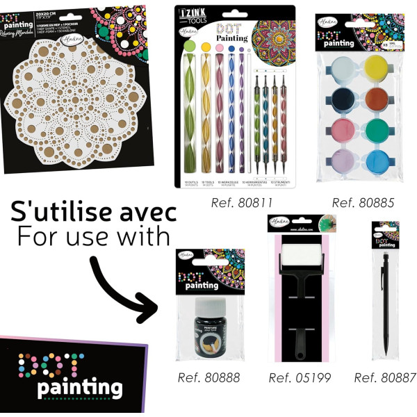 Pochoir - Pour dot painting - Mandala - 20cm - Forme en bois + support - Aladine