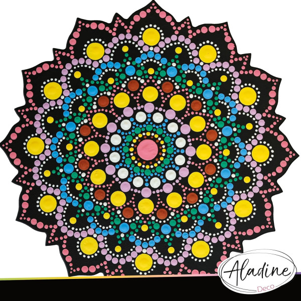 Pochoir - Pour dot painting - Mandala - 20cm - Forme en bois + support - Aladine