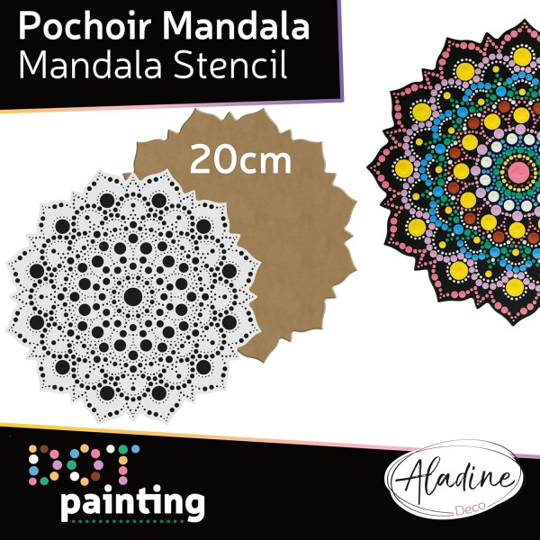Pochoir - Pour dot painting - Mandala - 20cm - Forme en bois + support - Aladine