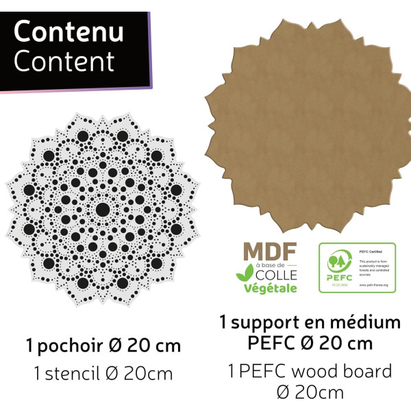 Pochoir - Pour dot painting - Mandala - 20cm - Forme en bois + support - Aladine