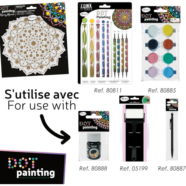 Pochoir - Pour dot painting - Mandala - 20cm - Forme en bois + support - Aladine