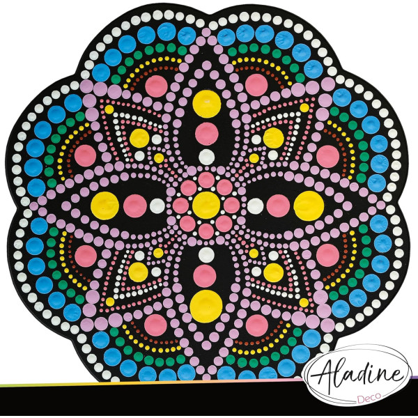 Pochoir - Pour dot painting - Mandala - 20cm - Forme en bois + support - Aladine